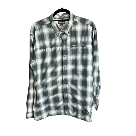 Eddie Bauer Vented Button Down Shirt Mens L Blue Green Gingham Roll Tab - Picture 1 of 7